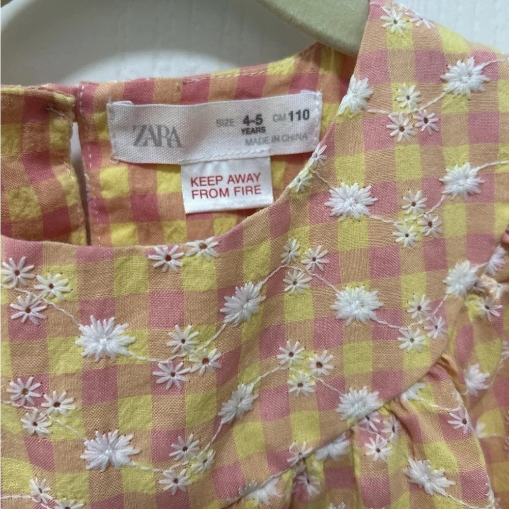 Zara Dress Girls Size 4-5yrs Yellow Pink Gingham Floral Embroidery Easter Spring
